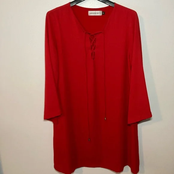 Veronica M Red Shift Dress with Lace Up Front, 3 quarter sleeve. Size Medium - Picture 1 of 4